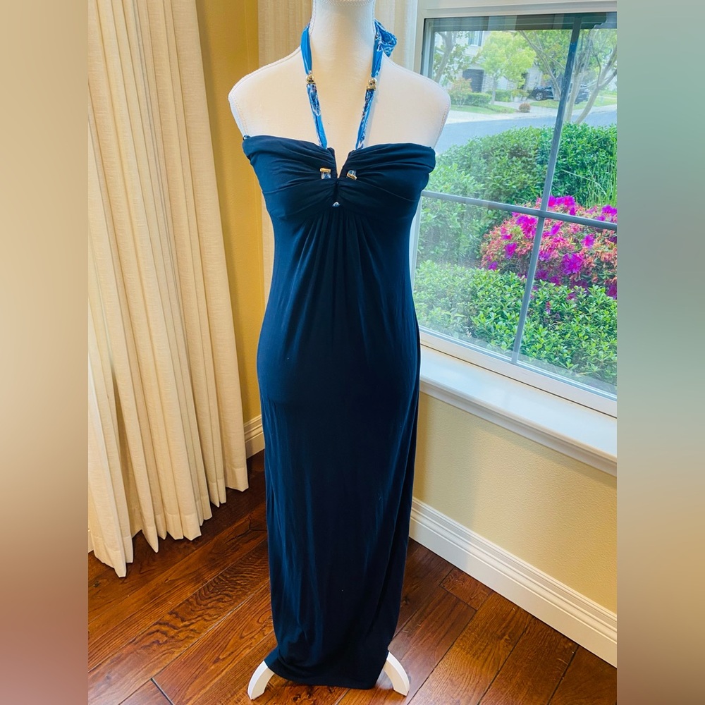 Cache navy blue long summer dress. Blue and gold tie detail. Size XS.
